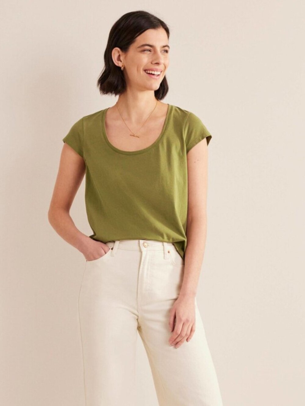 Boden Pure Cotton Scoop Neck T-Shirt Olive Green Size XS Classic Casual